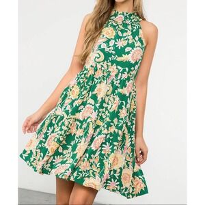 THM Green Floral Tiered Halter‎ Mini Dress Smocked Neck Boho Chic Size S Cottage